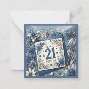 Tarjeta Pequeña 21 cumpleaños Almond flor crema azul