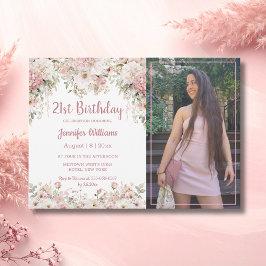 Tarjeta Pequeña  21st birthday pink floral photo budget invitation