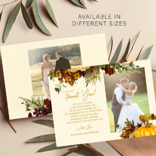 Tarjeta Pequeña 2 fotos agradecimiento de boda botánico otoñal