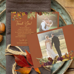 Tarjeta Pequeña 2 fotos agradecimiento de boda naranja quemado