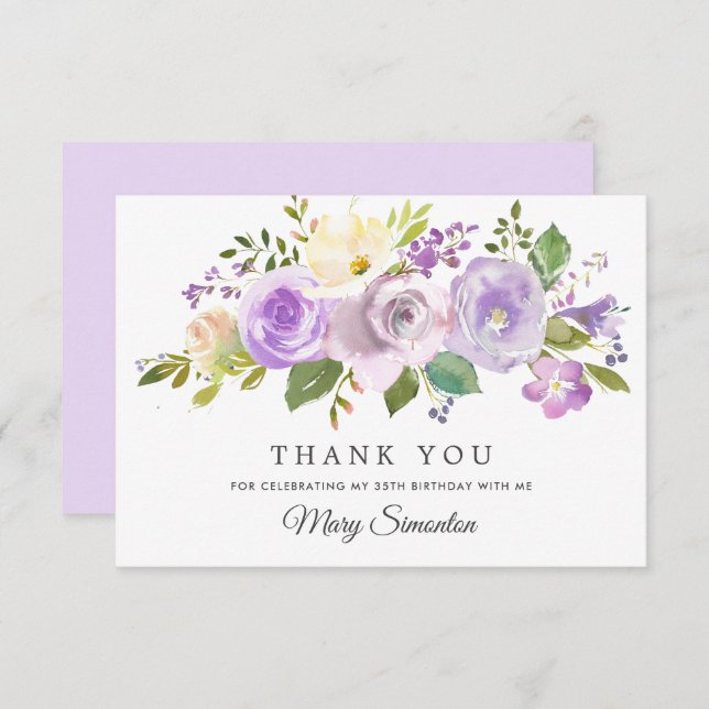 Tarjeta Pequeña 35th Birthday Purple Rose Floral Flat Thank You (Anverso / Reverso)
