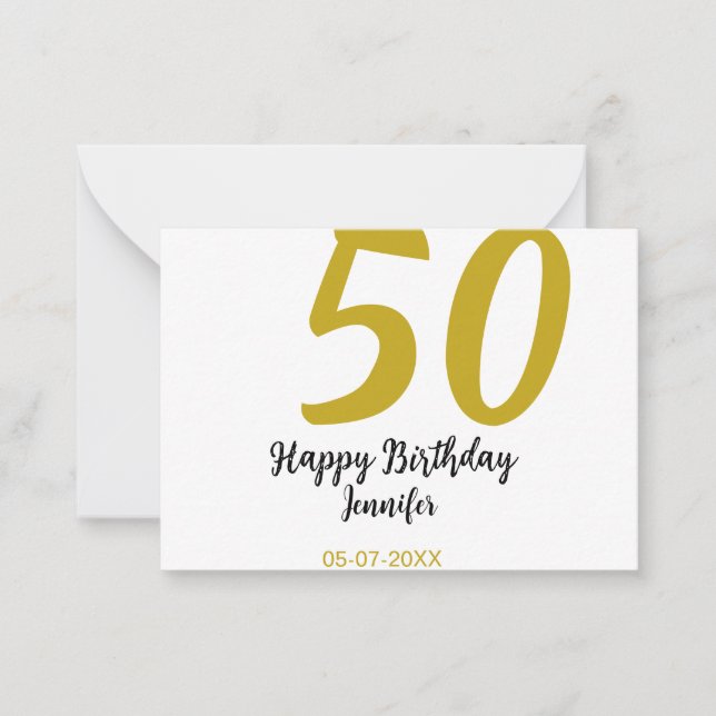 Tarjeta Pequeña 50 cumpleaños añadir nombre fecha año negro planti (Anverso)