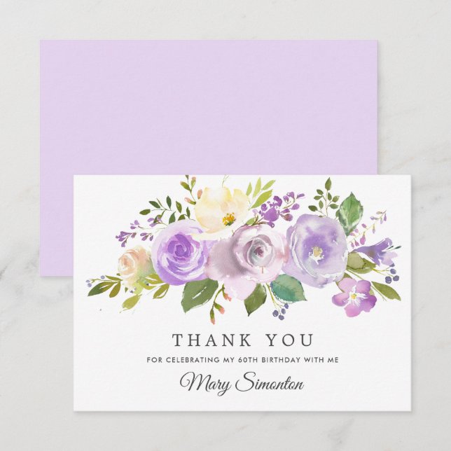 Tarjeta Pequeña 60th Birthday Purple Rose Floral Flat Thank You (Anverso / Reverso)