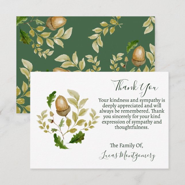 Tarjeta Pequeña Acorn Oak Funeral Gracias, Solidaridad (Anverso / Reverso)