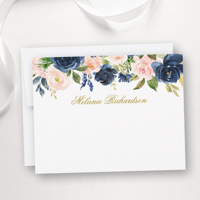 Tarjeta Pequeña Acuarela Azul rosa Floral oro personalizado (Customize to change text size, color, style or to add more text to front or back of card.)