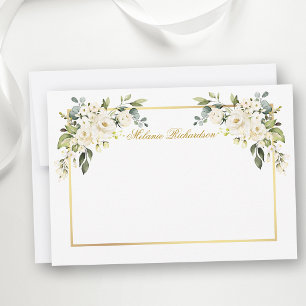 Tarjeta Pequeña Acuarela Blanca Floral Marco Dorado Personalizado