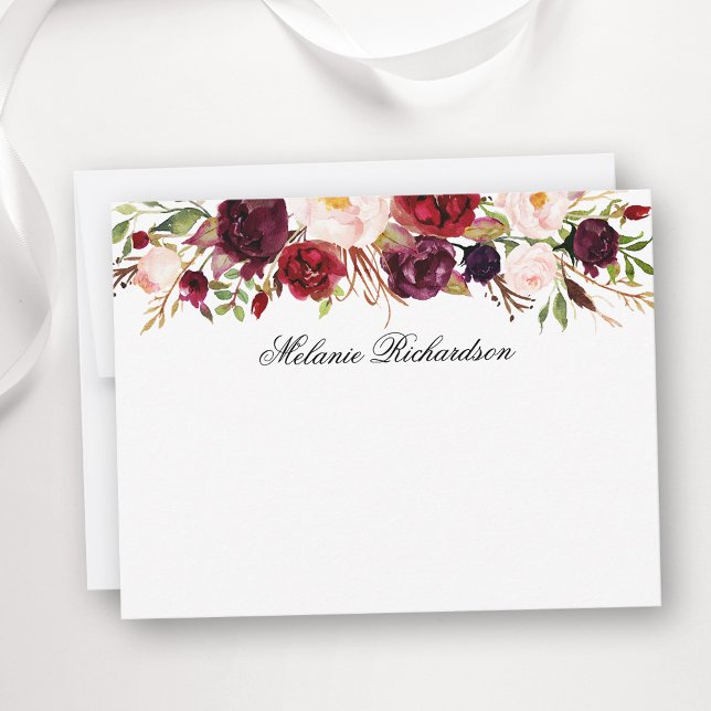 Tarjeta Pequeña Acuarela Borgoña Floral personalizada (Customize to change text color,  text style or to add more text to back of card.)