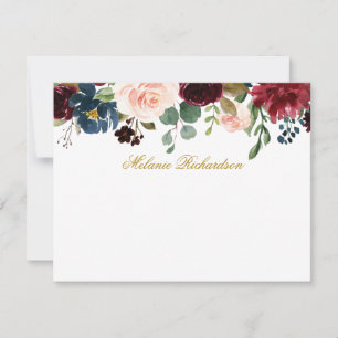 Tarjeta Pequeña Acuarela Borgoña Rosa Floral Gold Personalizada