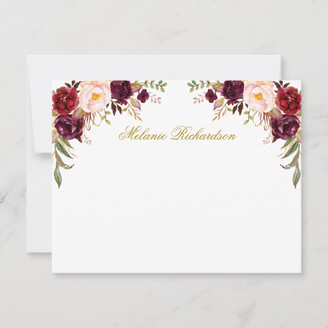 Tarjeta Pequeña Acuarela Burgundy Floral Gold personalizado (Anverso)