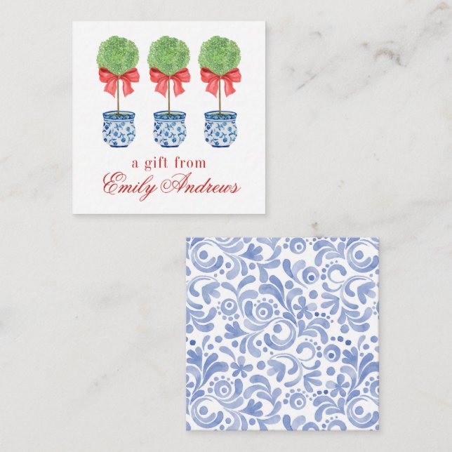 Tarjeta Pequeña Acuarela Chinoiserie Rojo Alojamiento Topiary (Anverso / Reverso)