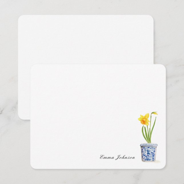 Tarjeta Pequeña Acuarela Daffodil en olla azul y blanca (Anverso / Reverso)