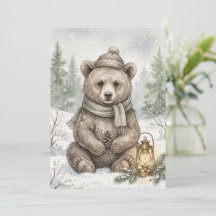 Acuarela de oso en bosque invernal vintage