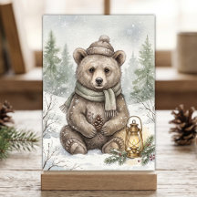 Acuarela de oso en bosque invernal vintage