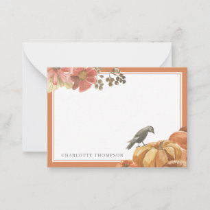 Tarjeta Pequeña Acuarela de Otoño Cuervo y Calabazas Nombre Person