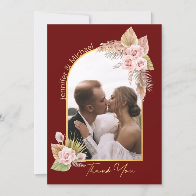 Tarjeta Pequeña acuarela floral gracias boda foto rojo (Anverso)