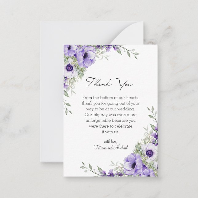 Tarjeta Pequeña acuarela floral púrpura boda gracias (Anverso)