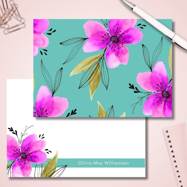 Tarjeta Pequeña Acuarela floral turquesa y rosa personalizada (Pink and turquoise teal notecards with floral watercolour illustration and customizable name)