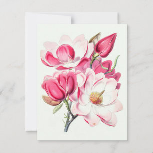 Tarjeta Pequeña Acuarela Flores de Magnolia Rosa Botánica