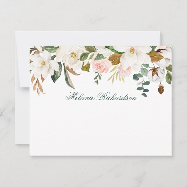 Tarjeta Pequeña Acuarela Magnolia Rosa Floral Verde Personalizado (Anverso)