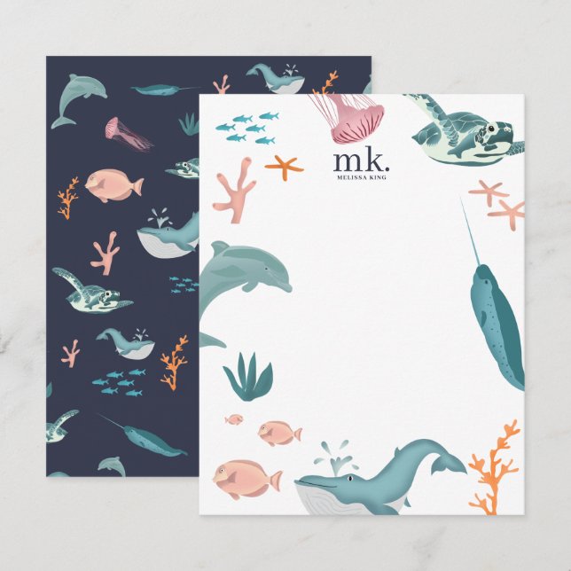 Tarjeta Pequeña Acuarela Océano Animales Monograma Azul (Anverso / Reverso)