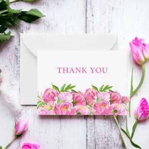 Tarjeta Pequeña Acuarela Peonías Rosadas Gracias   Floral Elegante