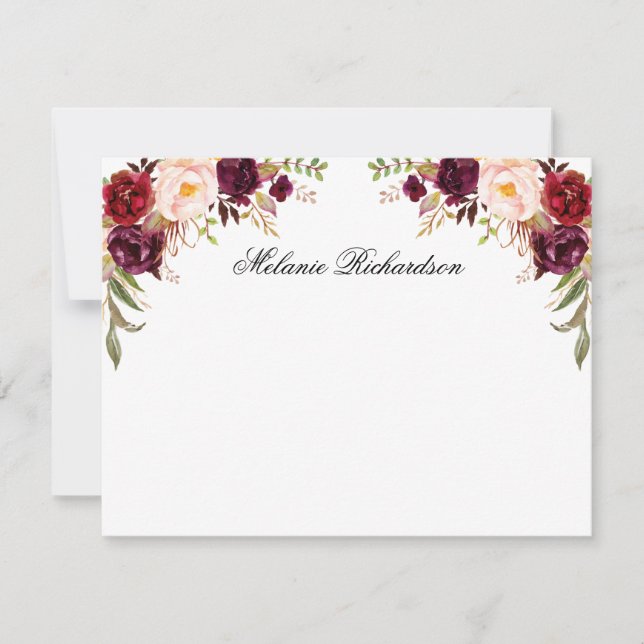 Tarjeta Pequeña Acuarela personalizada Burgundy Floral (Anverso)