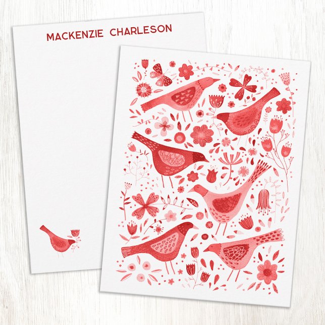 Tarjeta Pequeña Acuarela personalizada de pájaro y flor silvestre  (Red bird and wildflower botanical floral personalized custom name or text art notecards)