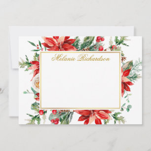 Tarjeta Pequeña Acuarela Poinsettia Floral Verde Dorado Rojo