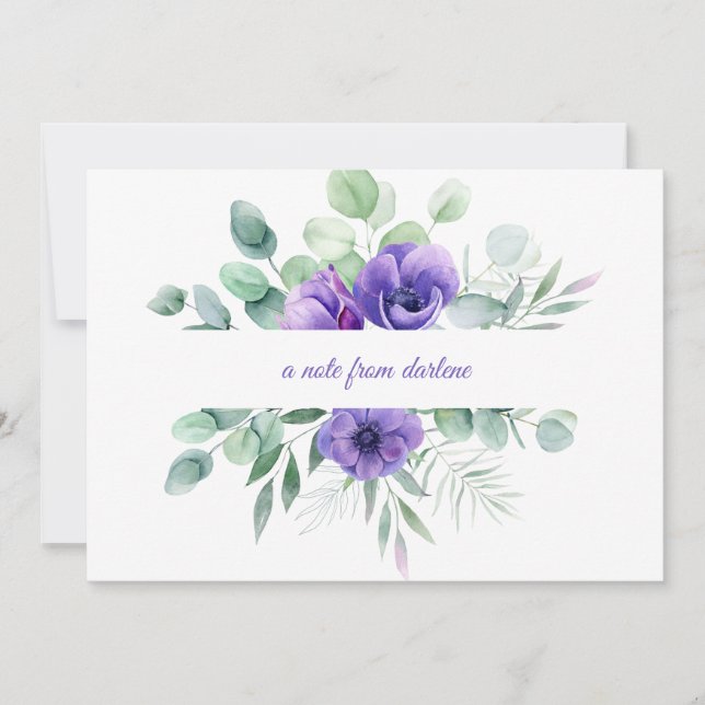 Tarjeta Pequeña Acuarela Púrpura Floral Anemones y Verdor (Anverso)