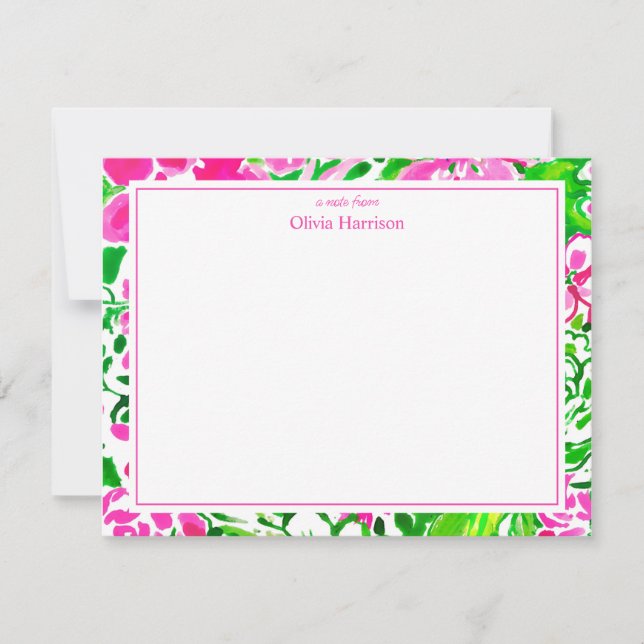 Tarjeta Pequeña Acuarela rosa y verde personalizado floral estacio (Anverso)