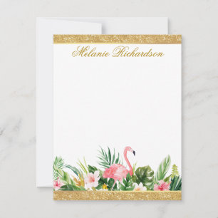 Tarjeta Pequeña Acuarela Tropical Floral Rosa Flamingo Purpurina