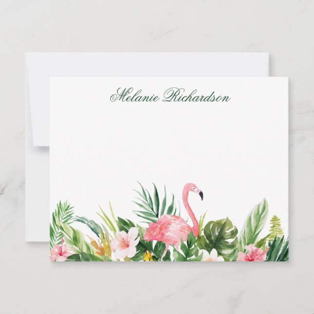 Tarjeta Pequeña Acuarela Tropical Floral Rosa Flamingo Verde (Anverso)