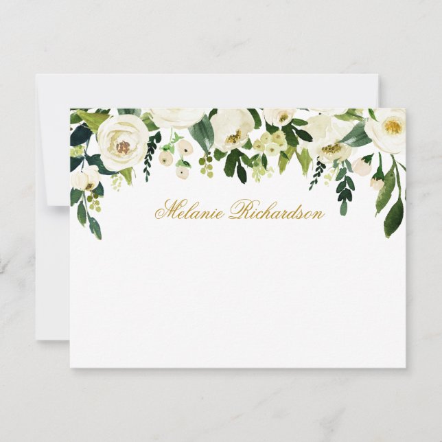 Tarjeta Pequeña Acuarela Verde Floral Blanco Dorado personalizado (Anverso)