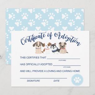 Tarjeta Pequeña Adoptar un certificado de cumpleaños de cachorro d