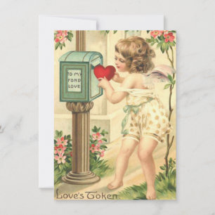 Tarjeta Pequeña Adorable Cupido Querubín de San Valentín Vintage