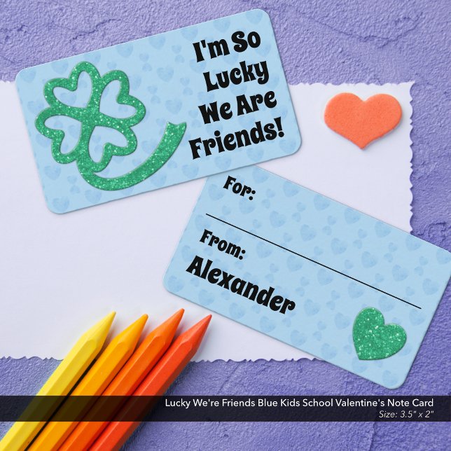 Tarjeta Pequeña Afortunadamente somos amigos del colegio de niños  (I'm So Lucky We're Friends Blue Kids School/Classroom Valentine's Card)