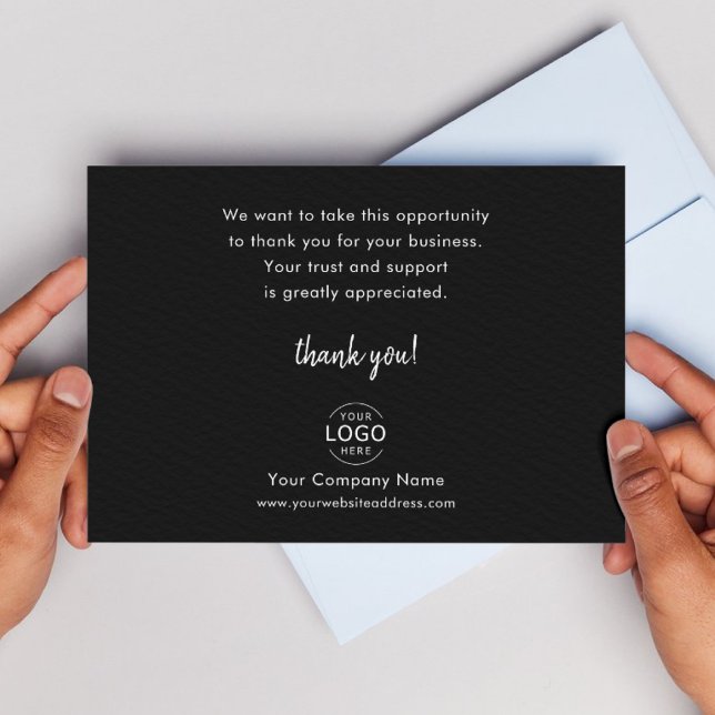Tarjeta Pequeña Agradecimientos comerciales a logotipos de empresa (Business thank you note card. Black background and white text. Logo. )