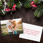 Tarjeta Pequeña alegre navidad fotografía familiar de caligrafía b<br><div class="desc">elegante y elegante navidad navidad moderna calligrafía blanca vacaciones tarjeta de foto familiar, personalizado puede cambiar el color del tipo de letra y el estilo. tarjeta de dos caras,  en el mensaje de vacaciones de fondo.</div>