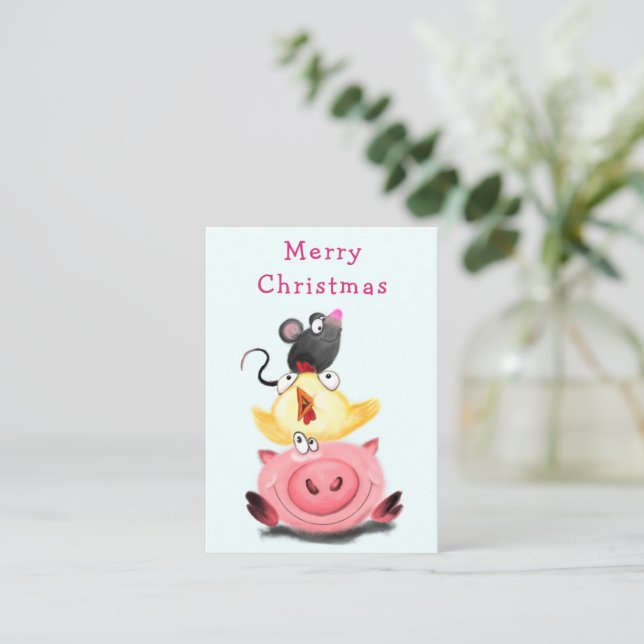 Tarjeta Pequeña Amigos Mejores Cerditos Pollito y Ratón Navidad (Anverso de pie)