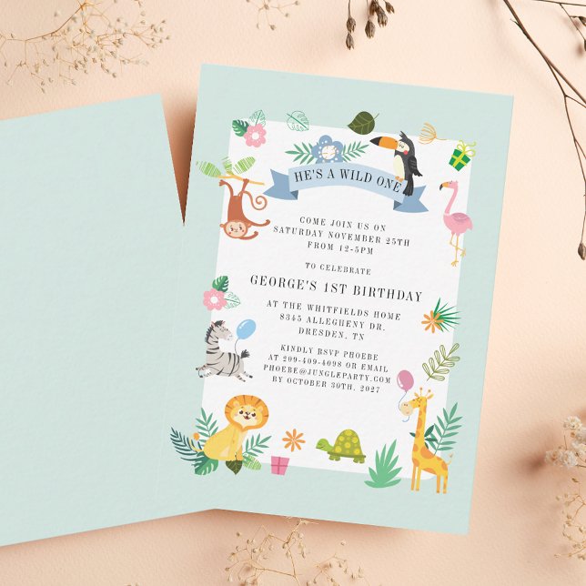 Tarjeta Pequeña Animales salvajes de Safari de una selva primer cu (Wild One Jungle Safari Animals 1st Birthday Note Card)