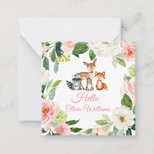Tarjeta Pequeña Animales Woodland y flores rosas Rubor