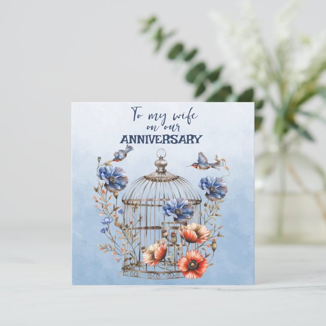 Tarjeta Pequeña Aniversario de la esposa azul y Naranja lapidarios (Anverso de pie)