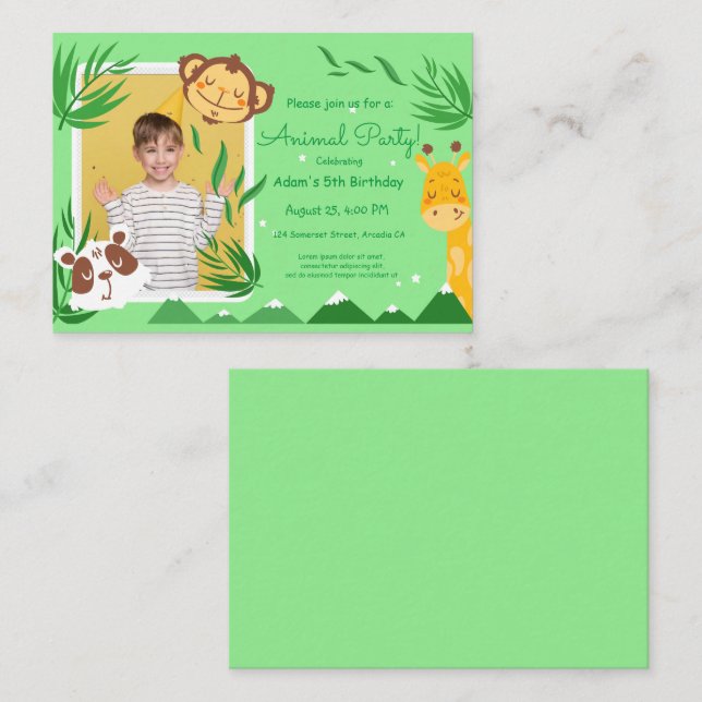 Tarjeta Pequeña Aniversario de los animales infantiles, foto Anima (Anverso / Reverso)