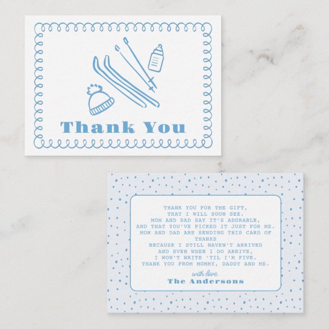 Tarjeta Pequeña Après Bébé Baby Shower con la mano azul Gracias (Anverso / Reverso)