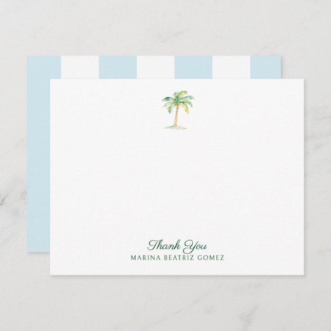 Tarjeta Pequeña Aqua Blue Cabana Stripes Palm Tree Gracias (Anverso / Reverso)