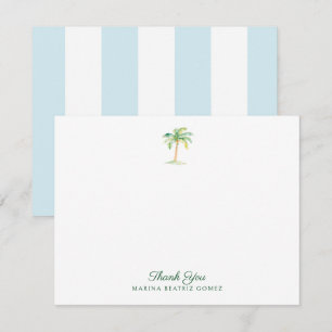 Tarjeta Pequeña Aqua Blue Cabana Stripes Palm Tree Gracias