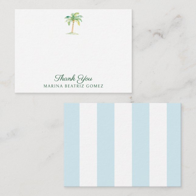 Tarjeta Pequeña Aqua Blue Cabana Stripes Palm Tree Gracias (Anverso / Reverso)