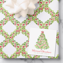 Árbol de Navidad con lazo rojo acuarela