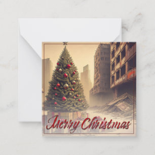 Tarjeta Pequeña Árbol de Navidad entre Ruinas Feliz Navidad