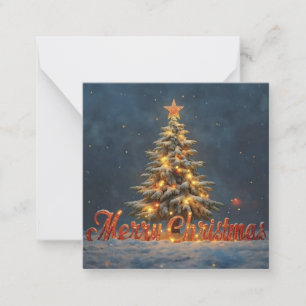 Tarjeta Pequeña Árbol de Navidad nevado con luces cálidas